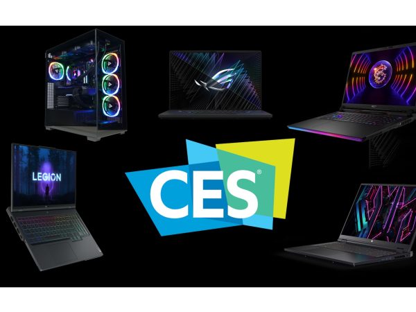 Gaming PCs floating around a CES logo
