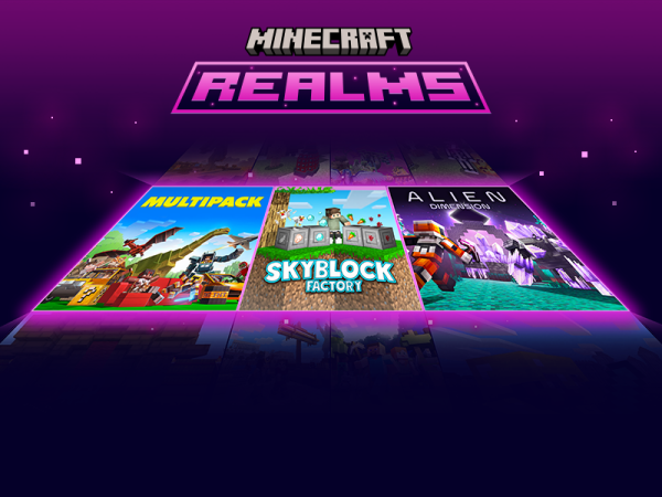 The words Minecraft Realms, followed by Multiblock, Skyblock Factory and Alien Dimension
