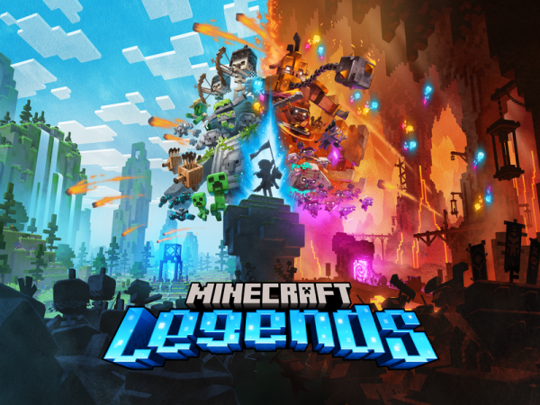 Minecraft characters in a battlefield environment along with the words Minecraft Legends