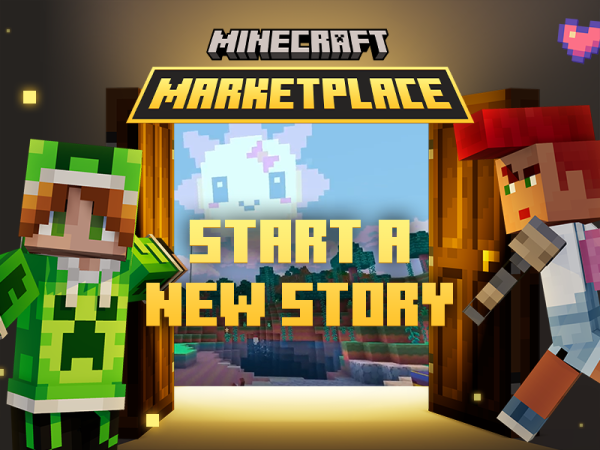 Minecraft characters approaching a door open to the outdoors, along with the words Minecraft Marketplace start a new story