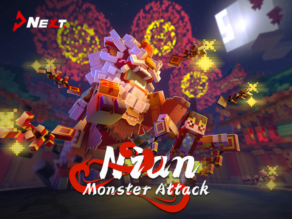 Dragon in Minecraft blocks along with text reading Nian Monster Attack