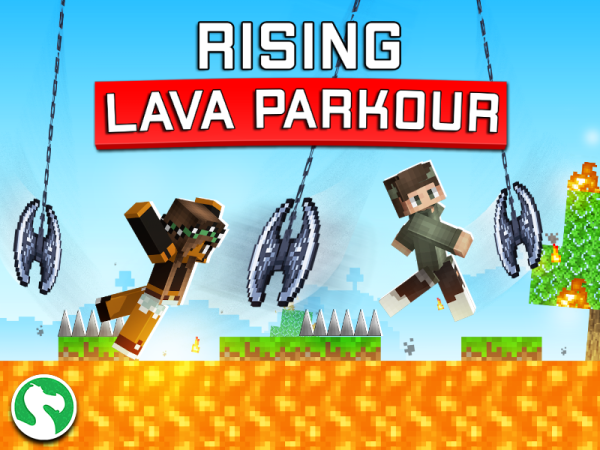 Minecraft characters go through volcanic obstacle course along with the words Rising Lava Parkour