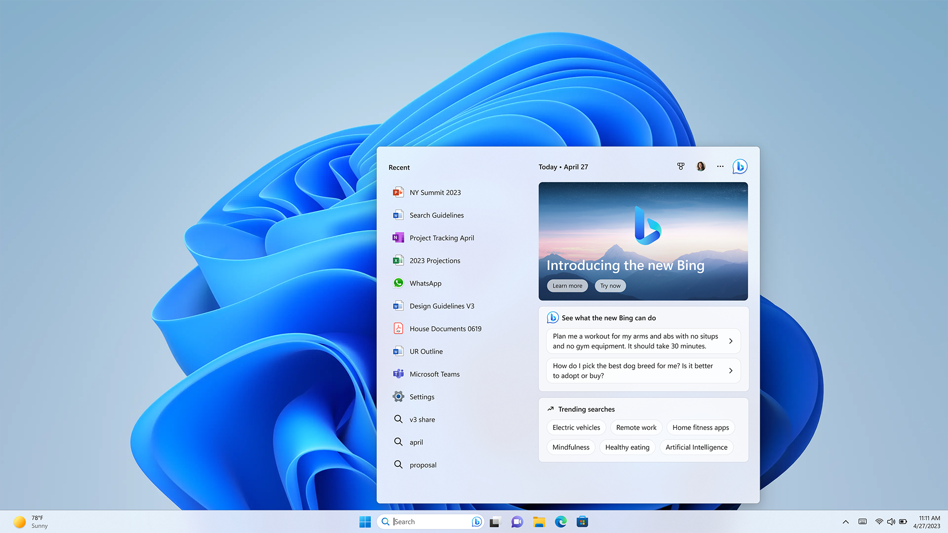 Tela inicial do Windows 11 com o novo módulo do Bing exibido
