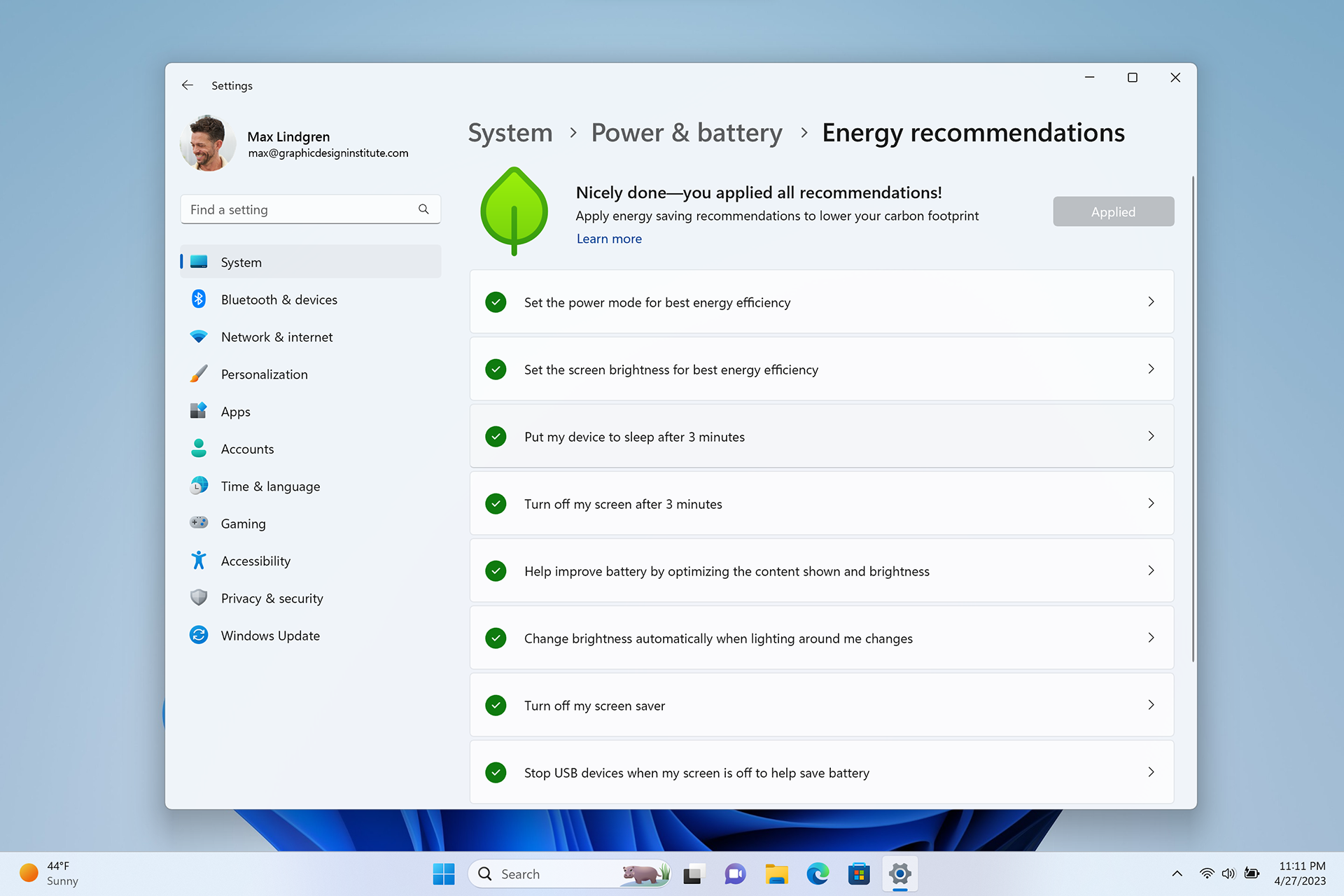 Nova experiência de recomendações de energia no Windows 11