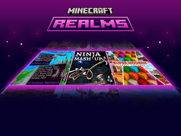 The words Minecraft Realms, followed by panels for Knockback Resistance, Ninja Mash-up and Super Modern Trendy Textures