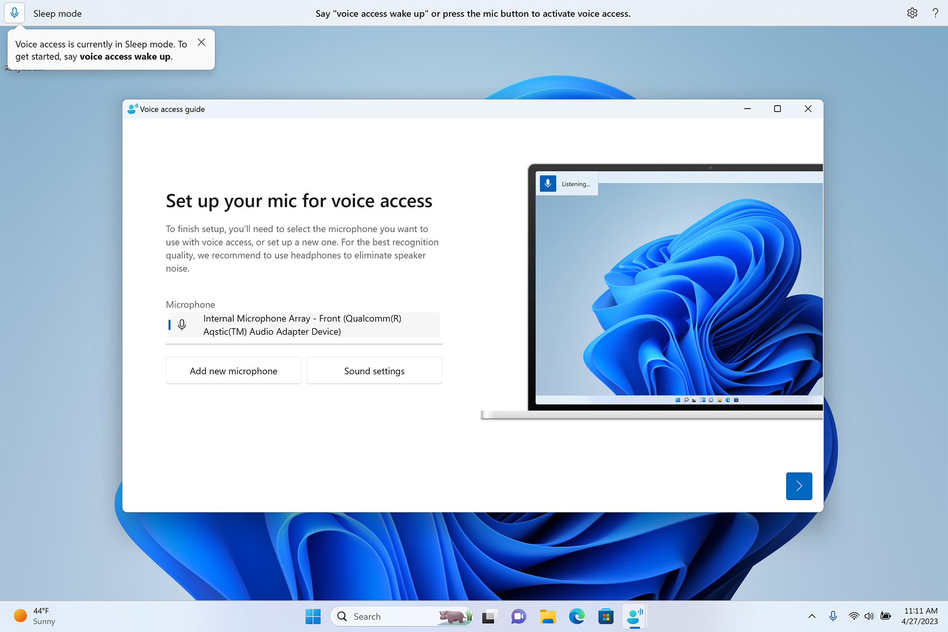 Experiência para configurar o acesso por voz no Windows 11