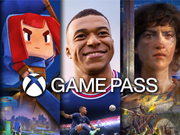 Title art from three games, along with the Xbox logo and the words Game Pass