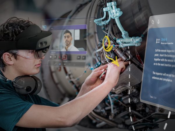 Person wearing a HoloLens device while working on an aircraft engine