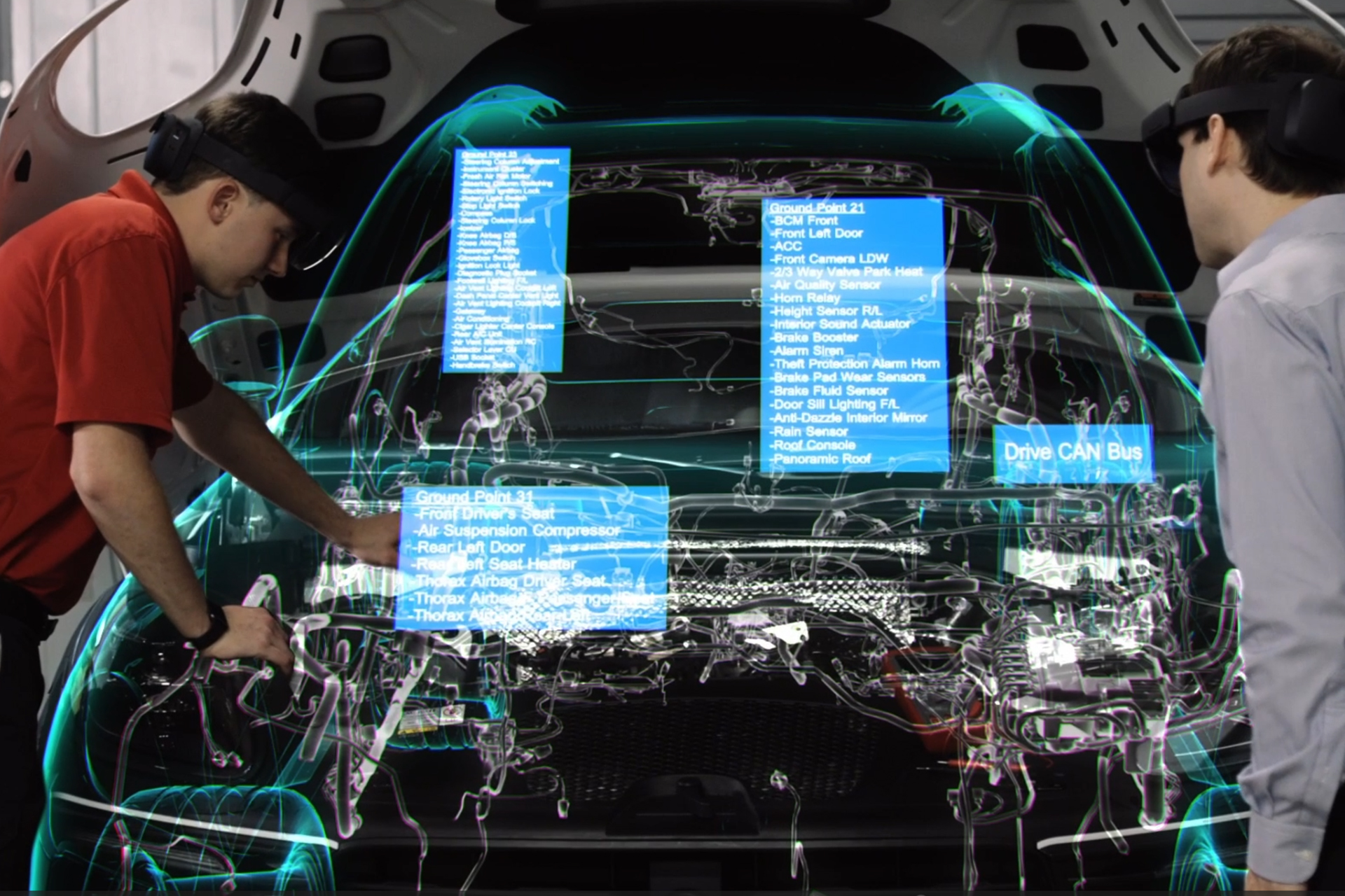 Two men wearing HoloLens devices as they look into the engine compartment of a car, along with elements showing what they see on their devices