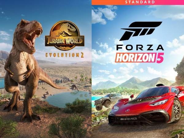Title art for Jurassic Park Evolution 2 and Forza Horizon 5