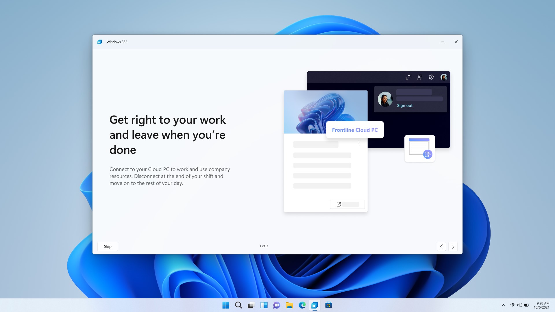Frontline Cloud PC user interface, along with text headed "Get right to your work and leave when you're done"