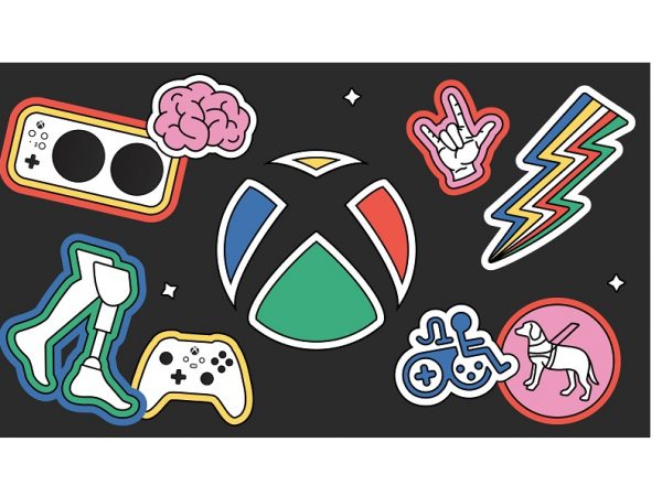 The Xbox sphere sits on a black backdrop surrounded by the following icons: the Xbox Adaptive Controller, a brain, the American Sign Language sign for I Love You, a lightning bolt, a wheelchair, a seeing eye dog, prosthetic legs, and the original Xbox controller.