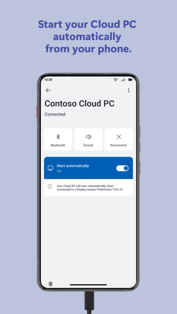 A mobile phone connected to the Connected Cloud PC, along with the words Start your Cloud PC automatically from your phone