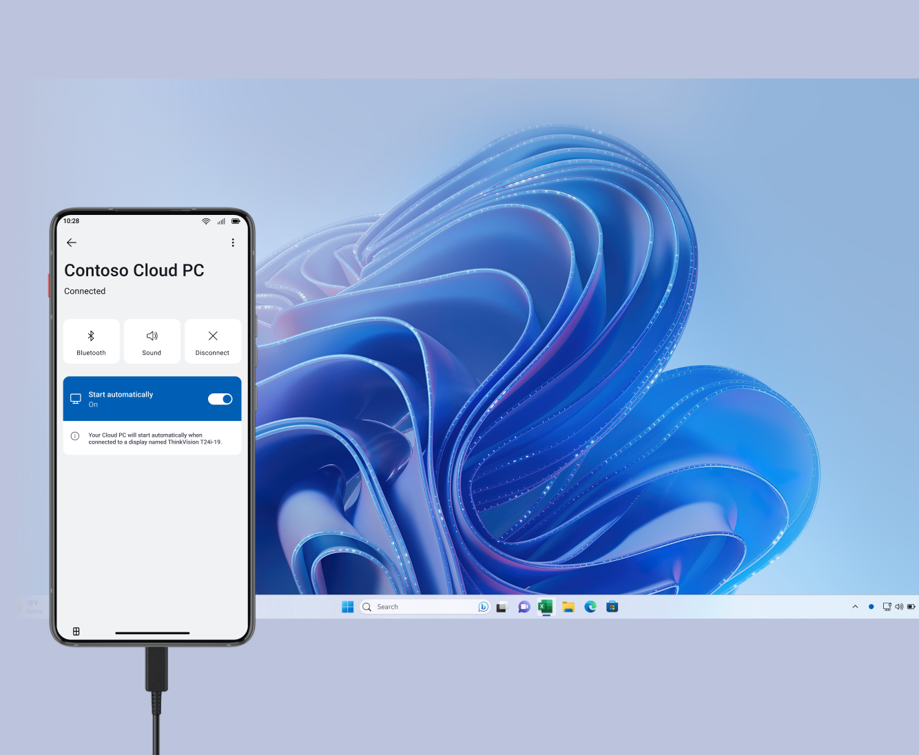 Mobile phone connected to Cloud PC next to the Windows 11 desktop
