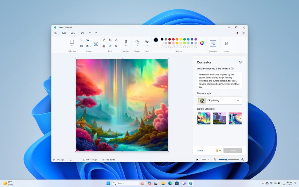 Paint Cocreator preview screen