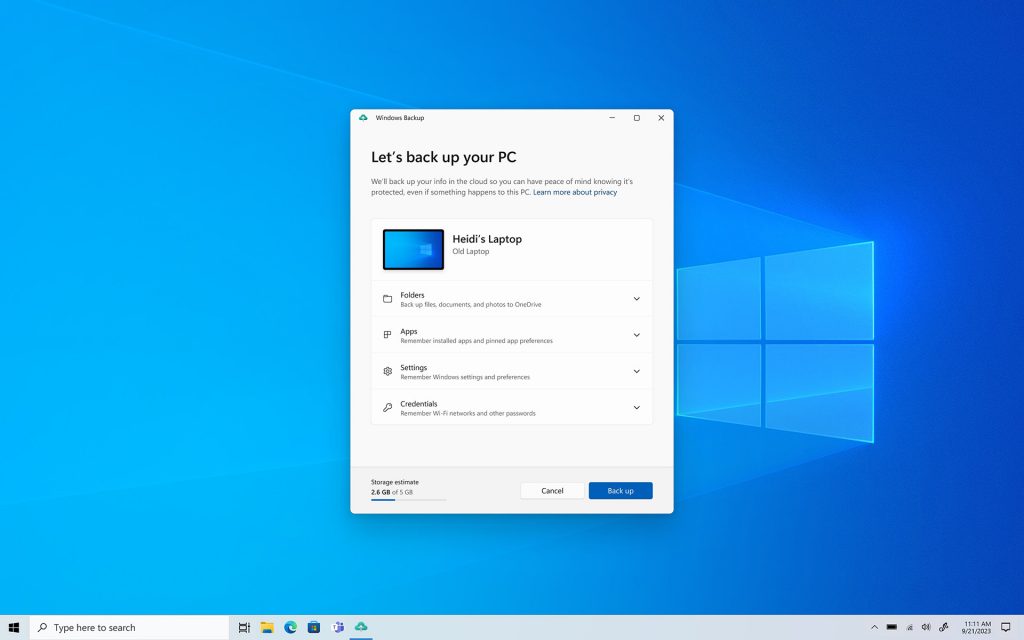 Windows Backup opening screen