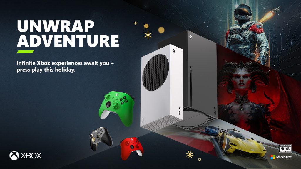Xbox console and controllers, along with text reading "Unwrap adventure: Infinite Xbox experiences await you - press play this holiday"