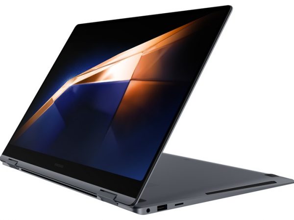 Samsung GalaxyBook4 open and in stand mode, screen facing left