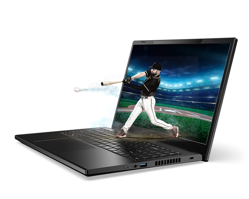 Baseball player swings at a pitch as if coming out of the screen and on top of the keyboard