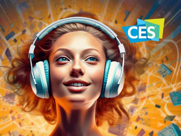 Woman wearing headphones smiling next to CES logo