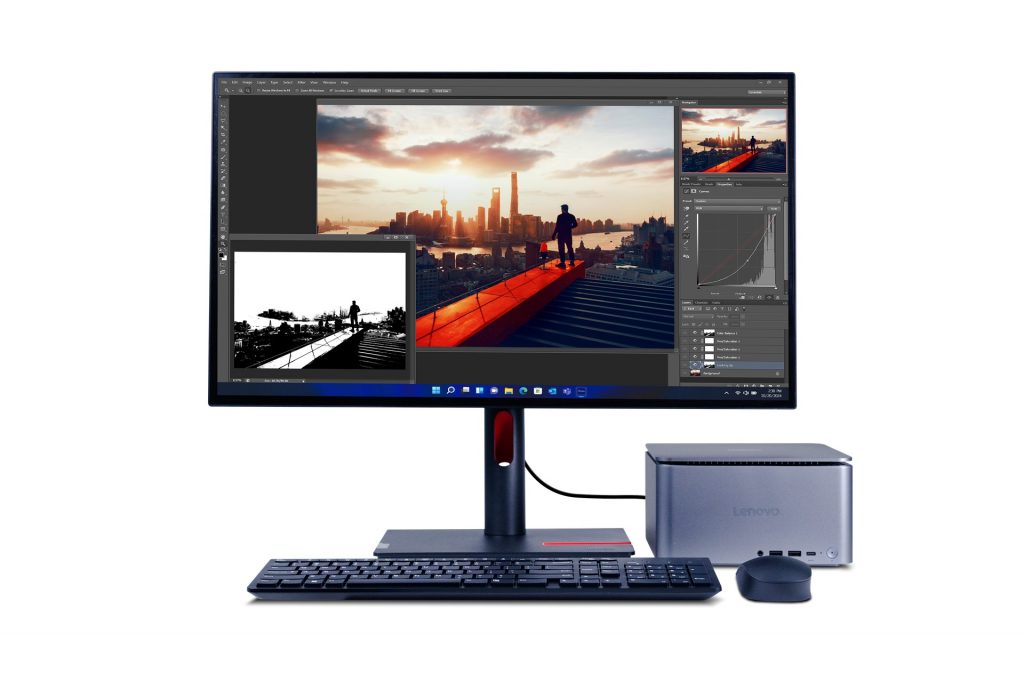 All-in-one showing monitor, keyboard, mouse and small tower