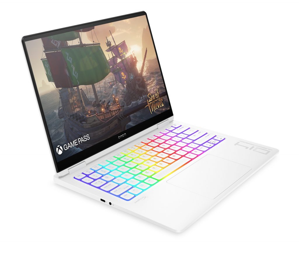 OMEN Transcend 14 in ceramic white open and facing left showing Xbox Game Pass on screen and colorful keys lit up on keyboard