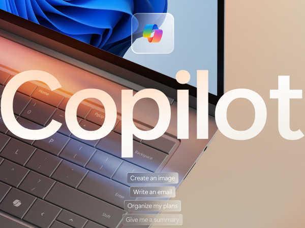 Hovering over a laptop keyboard, the word Copilot, its logo, and buttons reading create an image, write an email, organize my plans and give me a summary.