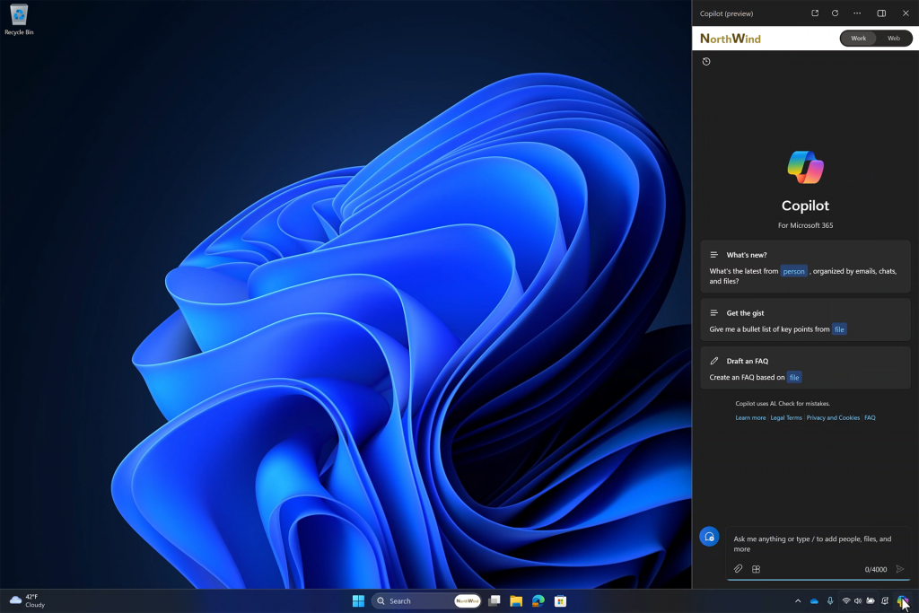 Screenshot of a Windows 11 desktop with Copilot in Microsoft 365 in Windows