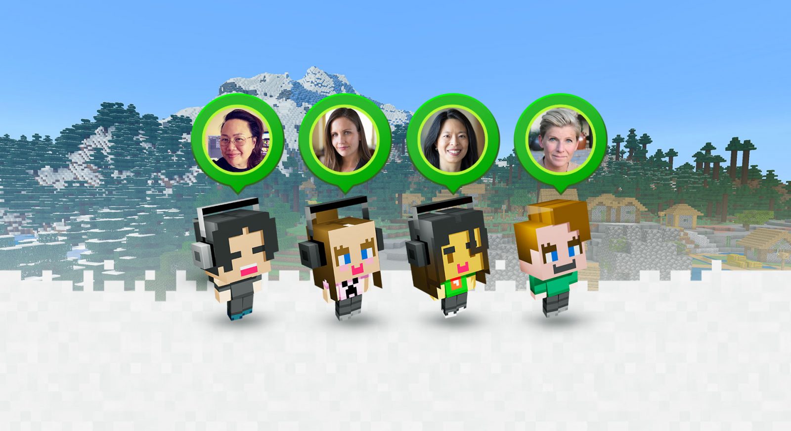 Minecraft mountainscape with 4 Minecraft characters walking on snow with headshots of their real counterparts above them