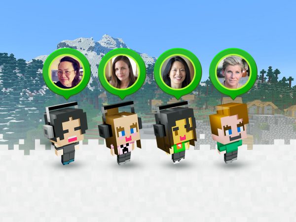 Minecraft mountainscape with 4 Minecraft characters walking on snow with headshots of their real counterparts above them