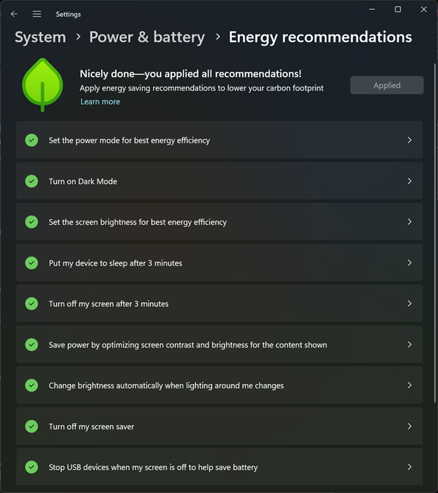 Power and battery energy recommendations in Windows settings
