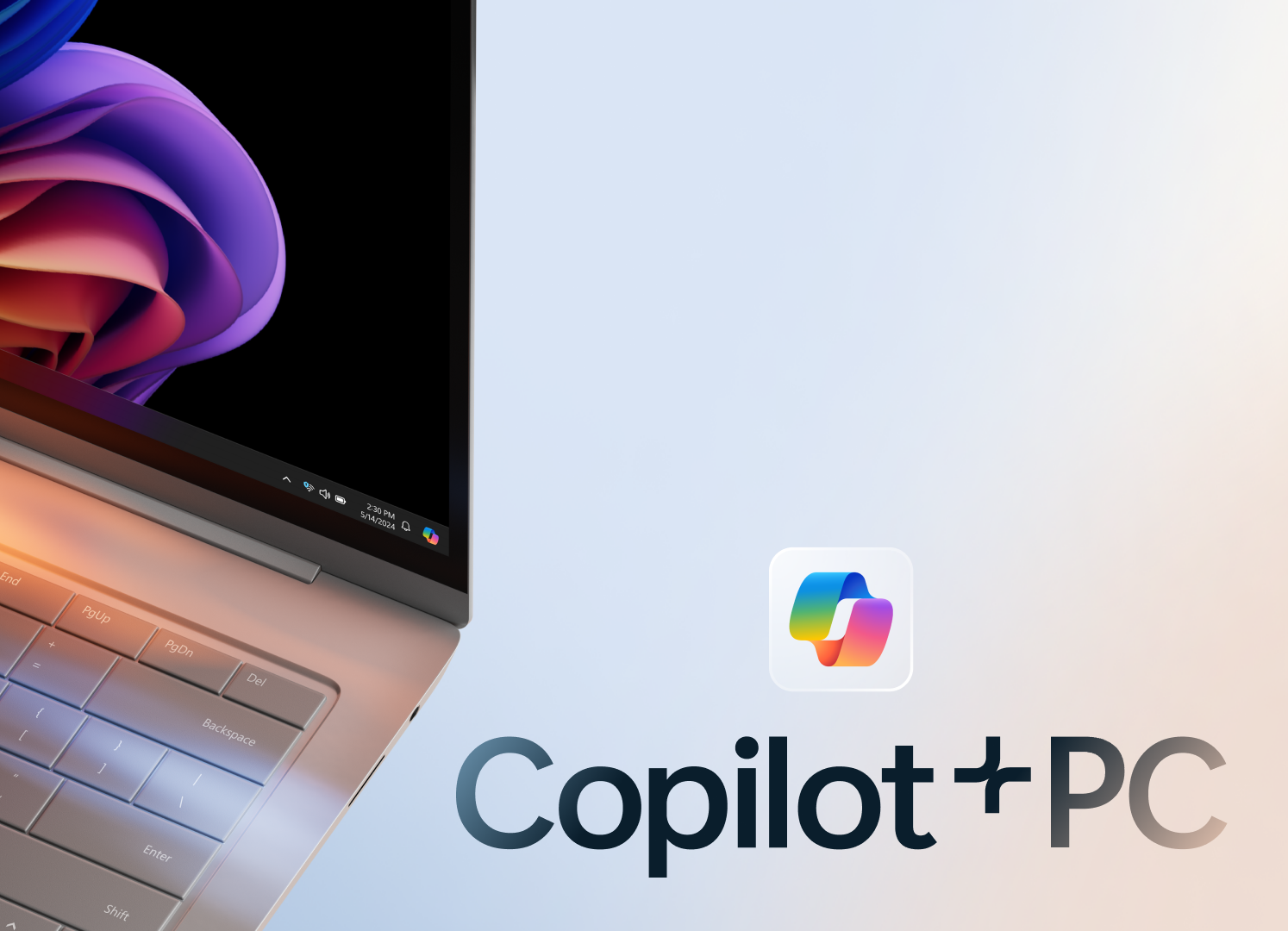 Laptop computer along with Copilot logo and text reading Copilot+ PC