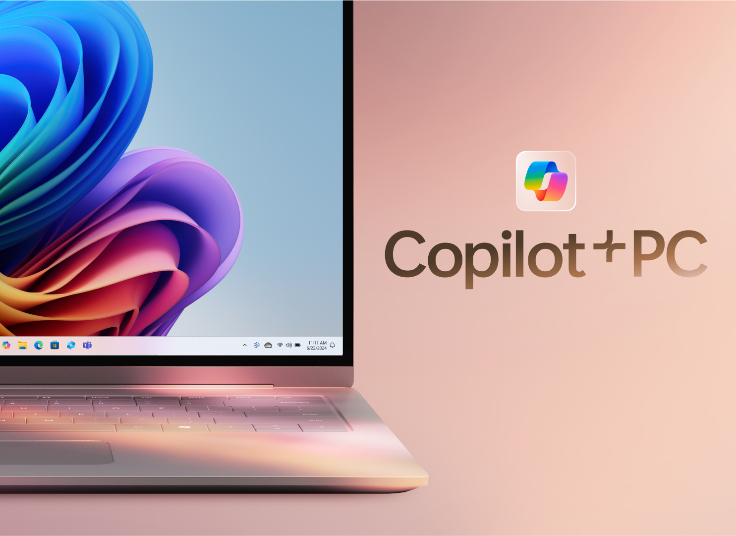 Laptop computer along with Copilot logo and text reading Copilot+ PC