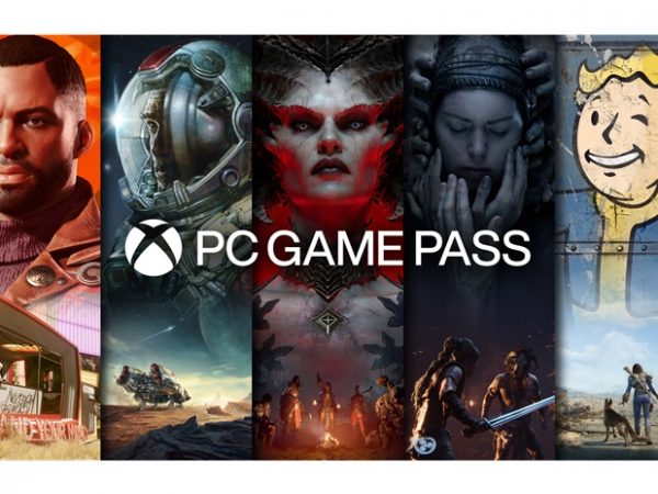 PC Game Pass logo over 5 vertical panels showing characters from games