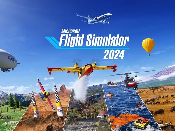 Microsoft Simulator 2024 collage of planes and other aircraft flying over various terrain