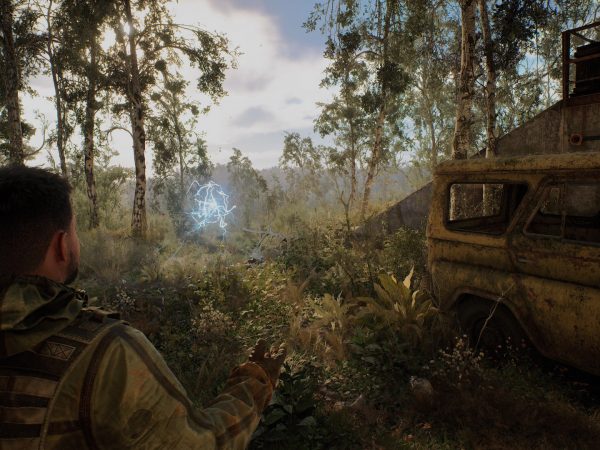 Man looking at a glowing orb in a forest