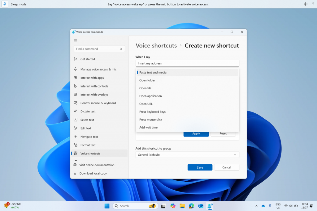 Voice Access shortcuts