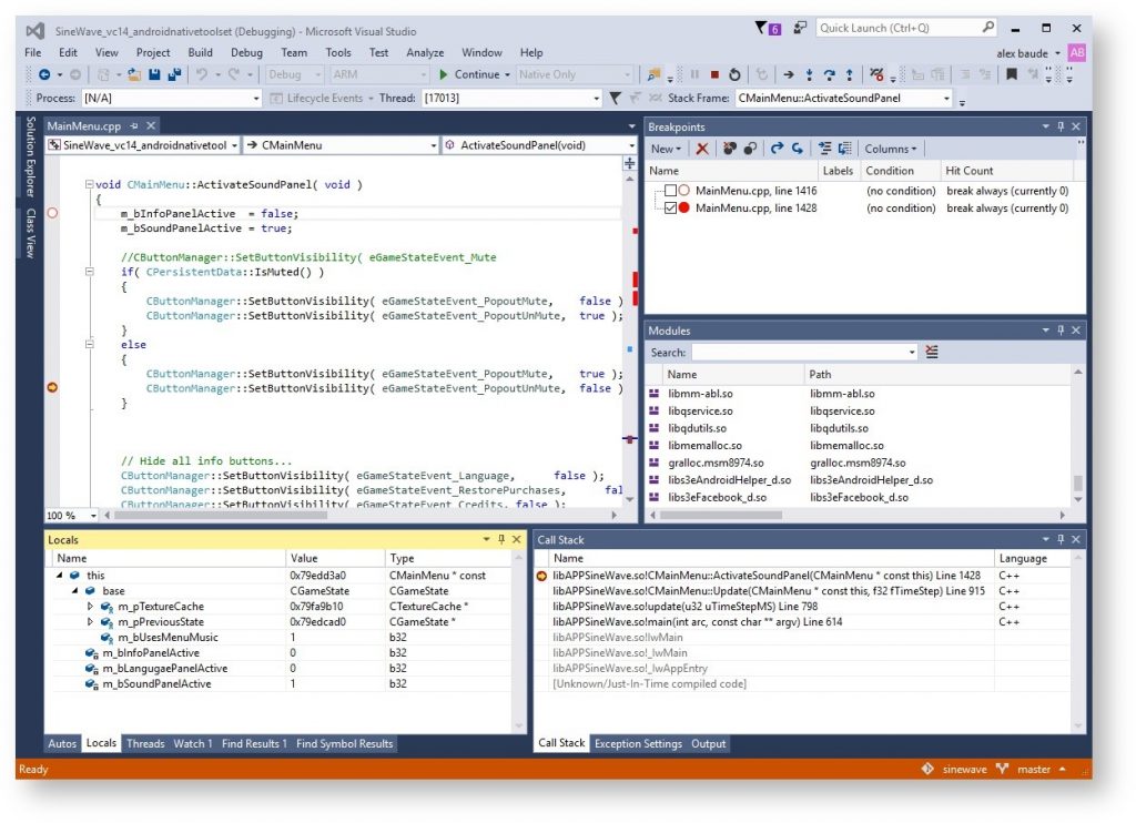 Marmalade Core: Project being debugged as a native Android app in Visual Studio