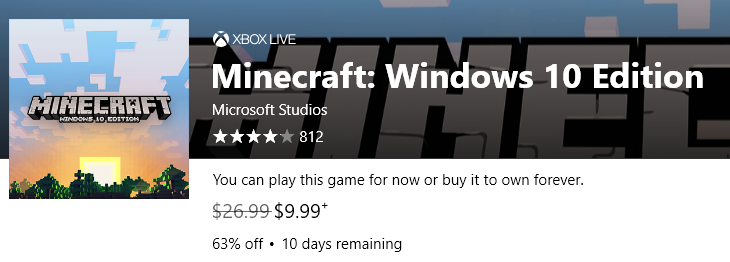 Minecraft Windows 10 Edition Download Only $9.99 (Regularly $26.99)