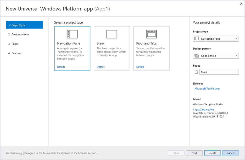 Screenshot of Windows Template Studio