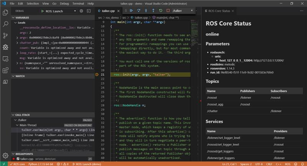 Visual Studio Code extension for ROS showing ROS core status and debugging experience for roslaunch.