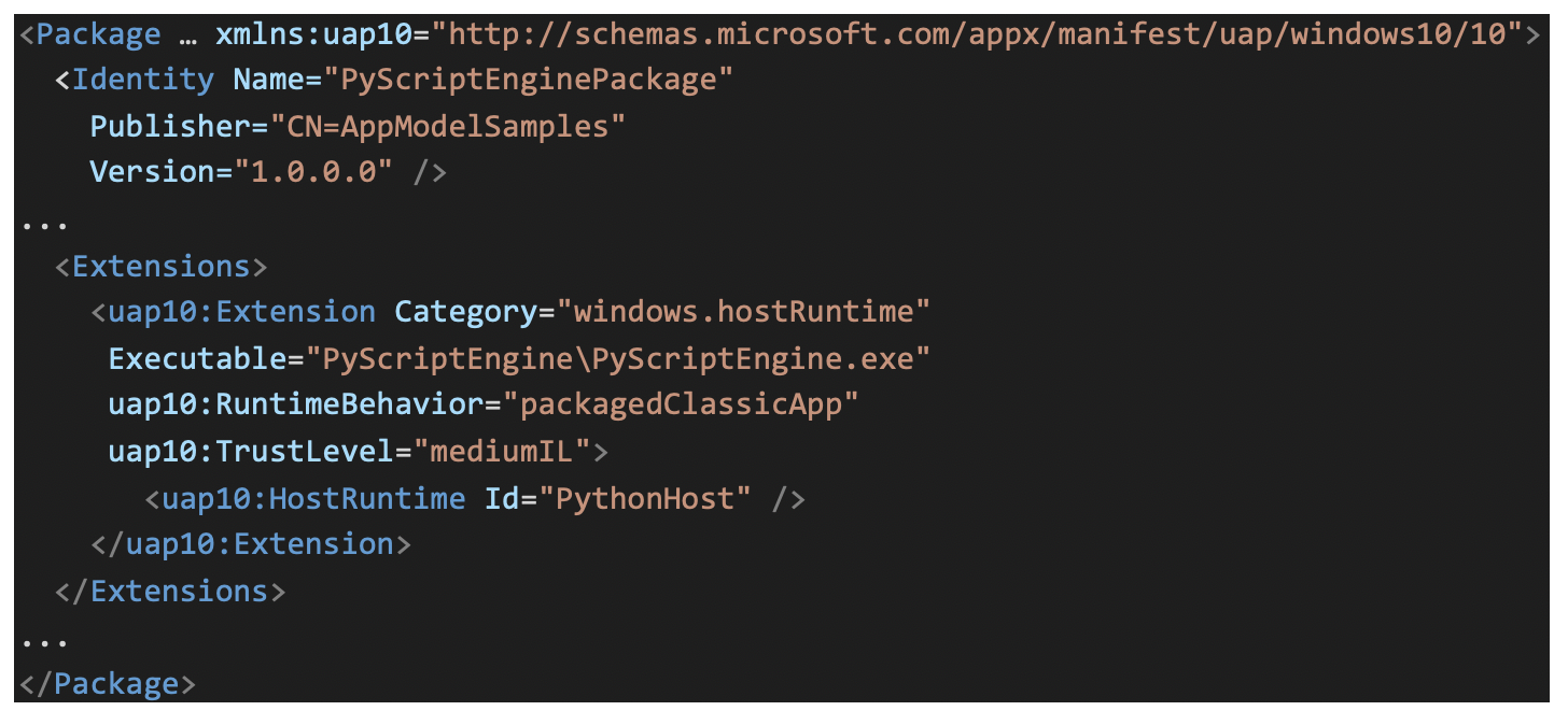 Code example of AppxManifest.xml showing the HostRuntime entry that declares an app as a Host with Id “PythonHost”
