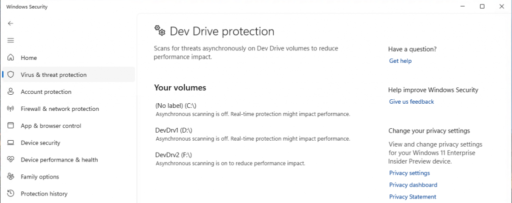 Dev Drive protection screen