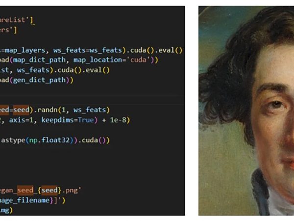 StyleGAN code that produces the image of an 18th century man on the right from the metfaces dataset using the seed 71