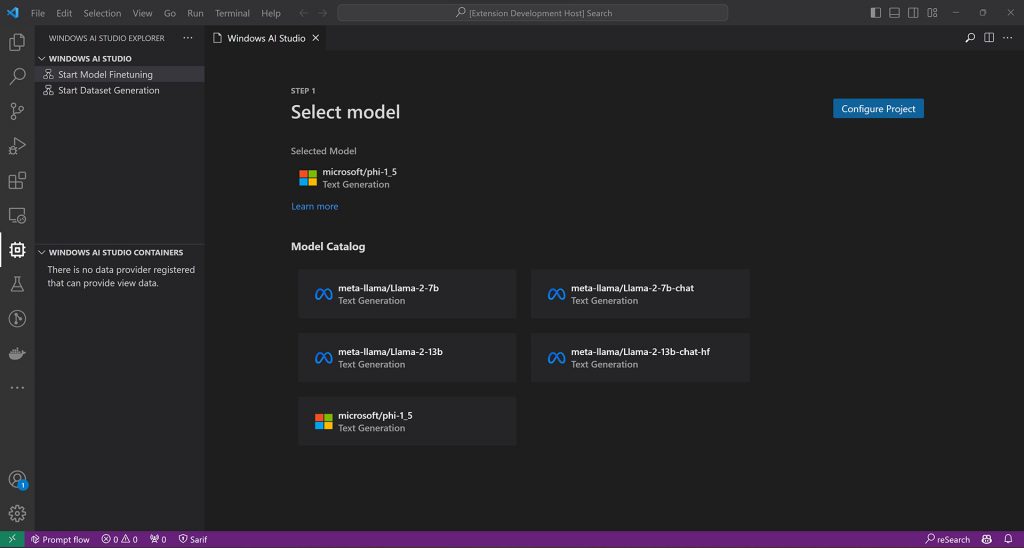 Windows AI Studio Step 1: Select model