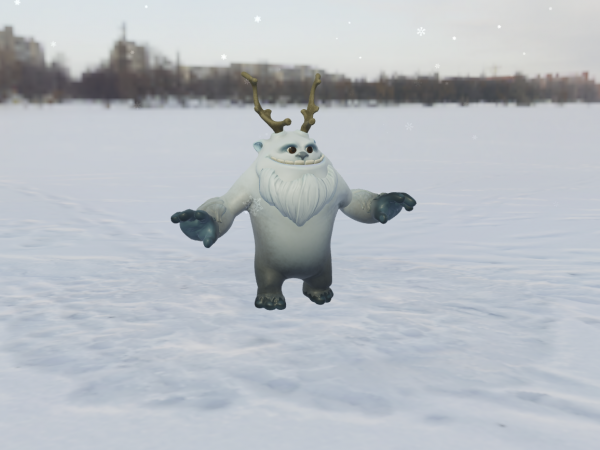 Animated hominid character with white beard and brown antlers