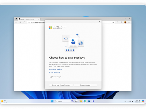 Draft UX showing GitHub page open on Edge browser with a pop-up prompting the user to choose how to save their passkeys, protected with Windows Hello, with ‘Save to your Microsoft account’ and ‘Save another way’ as options.