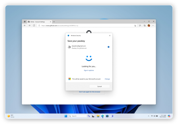 Draft UX showing GitHub page open on Edge browser with a Windows Security pop-up and Windows Hello searching for Face ID to authenticate and save the passkey.