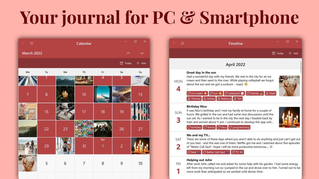 Two calendar views underneath a headline reading Your journal for PC and smartphone