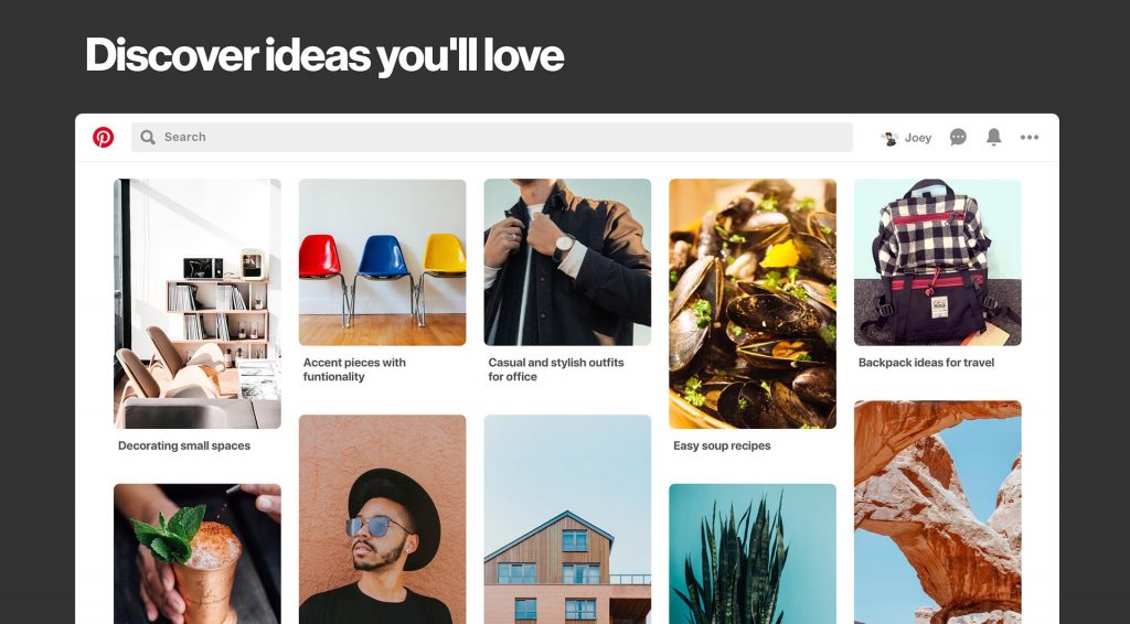 Pinterest screen with a heading reading discover ideas you’ll love